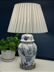 Abajur - Cerâmica - Flores - Branco e Azul com Cúpula