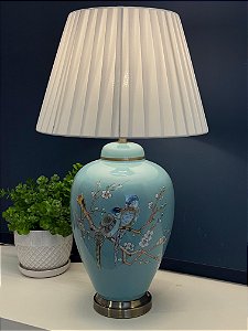 Abajur - Cerâmica - Pássaros e Flores - Turquesa com Cúpula