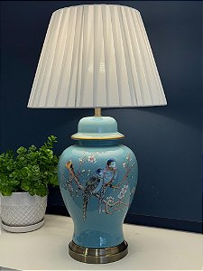 Abajur - Cerâmica - Pássaros e Flores - Turquesa com Cúpula