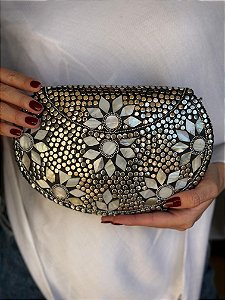 Bolsa Clutch em Metal - Prata - Madrepérolas - Com Alça