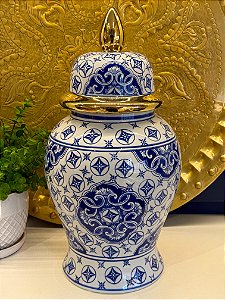 Potiche Cerâmica Azul, Branco e Dourado 47CM