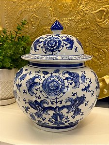 Potiche Cerâmica Azul e Branco 28CM