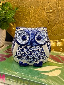 Coruja Decorativa - Porcelana - Azul e Branco