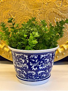 Cachepot em Ceramica - Azul e Branco - 21CM