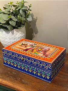 Caixa Decorativa - Porta Joias - Madeira - Pintado á Mão - Laranja e Azul - G