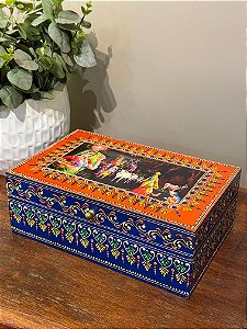 Caixa Decorativa - Porta Joias - Madeira - Pintado á Mão - Laranja e Azul - G