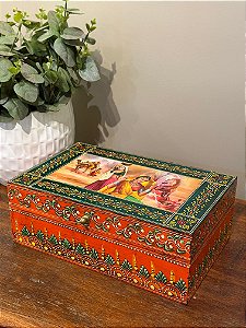 Caixa Decorativa - Porta Joias - Madeira - Pintado á Mão - Verde e Laranja - G
