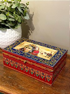 Caixa Decorativa - Porta Joias - Madeira - Pintado á Mão - Azul e Vermelho - G