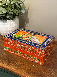 Caixa Decorativa - Porta Joias - Madeira - Pintado á Mão - Azul e Laranja - G