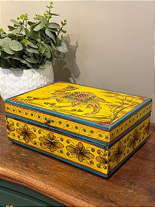 Caixa Decorativa - Camelo - Porta Joias - Madeira - Pintado á Mão - Amarelo e Colorido