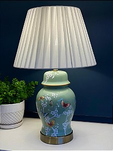 Abajur - Cerâmica - Borboletas e Flores - Verde  com Cúpula