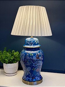 Abajur - Cerâmica - Flores - Azul com Cúpula