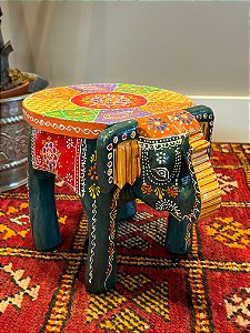 Banqueta - Elefante - Madeira - Pintado à mão - Verde e Colorido - Pequeno