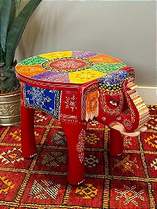 Banqueta - Elefante - Madeira - Pintado à mão - Vermelho e Colorido - GG