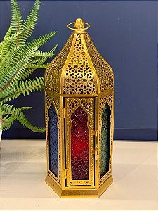 Lanterna - Metal e Vidro - Dourado e Colorido - 33CM
