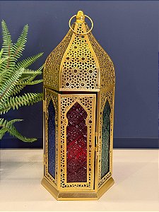 Lanterna - Metal e Vidro - Dourado e Colorido - 40CM