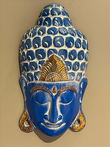 Cabeça Buda Esculpido - Madeira - Pintado à mão - Azul e Dourado