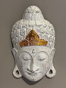 Cabeça Buda Esculpido - Madeira - Pintado à mão - Branco e Dourado