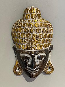 Cabeça Buda Esculpido - Madeira - Pintado à mão - Marrom e Dourado