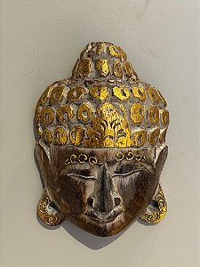 Cabeça Buda Esculpido - Madeira - Pintado à mão - Marrom e Dourado