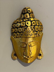 Cabeça Buda Esculpido - Madeira - Pintado à mão - Dourado
