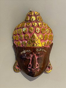 Cabeça Buda Esculpido - Madeira - Pintado à mão - Rosa e Dourado