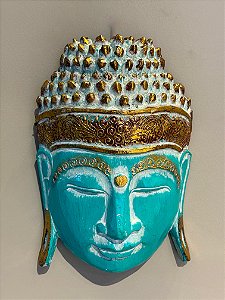 Cabeça Buda Esculpido - Madeira - Pintado à mão - Turquesa e Dourado