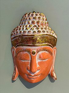 Cabeça Buda Esculpido - Madeira - Pintado à mão - Laranja e Dourado