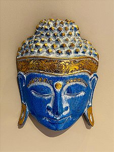 Cabeça Buda Esculpido - Madeira - Pintado à mão - Azul e Dourado