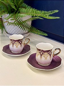 Par de Xícaras - Arabesco - Cerâmica - Roxo e Dourado