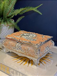 Caixa Decorativa - Resina e  Metal - Porta Jóias - Salmão e Prata