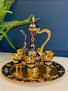 Jogo de Copos e Ânfora com Bandeja - Metal - Azul Escuro e Dourado