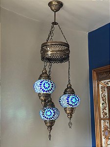 Luminária de Teto Turca 3 Globos Média Azul
