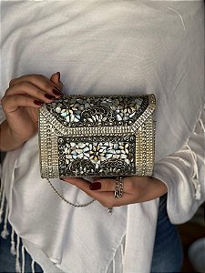 Bolsa Clutch em Metal - Madrepérolas e Prata - Com Alça