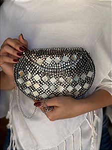 Bolsa Clutch em Metal - Prata e Madrepérola - Com Alça