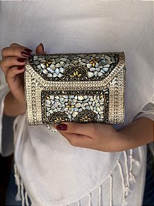 Bolsa Clutch em Metal - Madrepérolas, Prata e Dourado - Com Alça