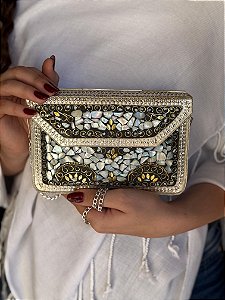 Bolsa Clutch em Metal - Madrepérolas, Prata e Dourado - Com Alça