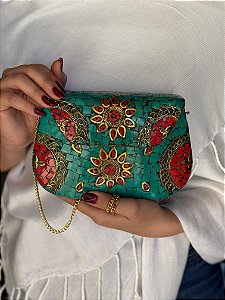 Bolsa Clutch em Metal  - Turquesa, Dourado e Vermelho - Com Alça