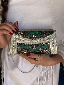 Bolsa Clutch em Metal  - Verde e Prata - Com Alça