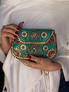 Bolsa Clutch em Metal  - Turquesa, Dourado e Vermelho - Com Alça