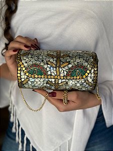 Bolsa Clutch em Metal - Madrepérolas, Verde e Dourada- Com Alça