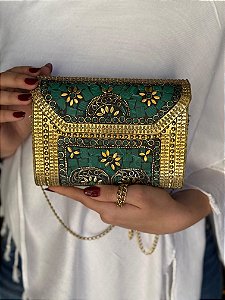 Bolsa Clutch em Metal - Verde e Dourado - Com Alça