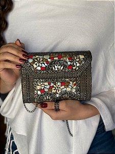 Bolsa Clutch em Metal - Madreperolas, Vermelho e Grafite - Com Alça
