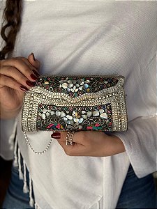 Bolsa Clutch em Metal - Madrepérolas, Colorido e Prata - Com Alça