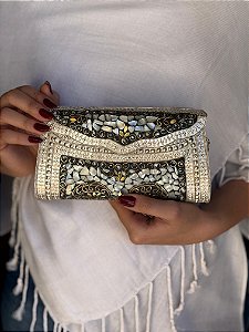 Bolsa Clutch em Metal - Madrepérolas e Prata - Com Alça