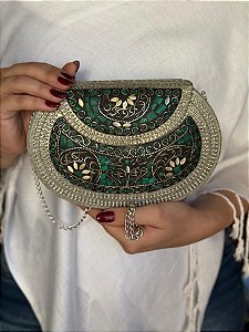 Bolsa Clutch em Metal  - Verde e Prata - Com Alça