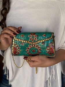 Bolsa Clutch em Metal - Turquesa, Vermelho e Dourado - Com Alça