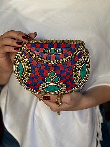 Bolsa Clutch em Metal - Turquesa, Vermelho, Roxo e Dourado - Com Alça