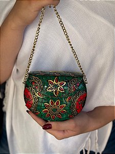 Mini Bolsa Clutch em Metal - Verde e Dourado - Com Alça