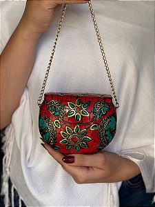 Mini Bolsa Clutch em Metal - Vermelho, Turquesa e Dourado - Com Alça